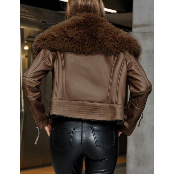 ⚡Women's Brown Faux Leather Jacket Moto Biker Lined Coat Removable Fur Collar - Picture 3 of 6